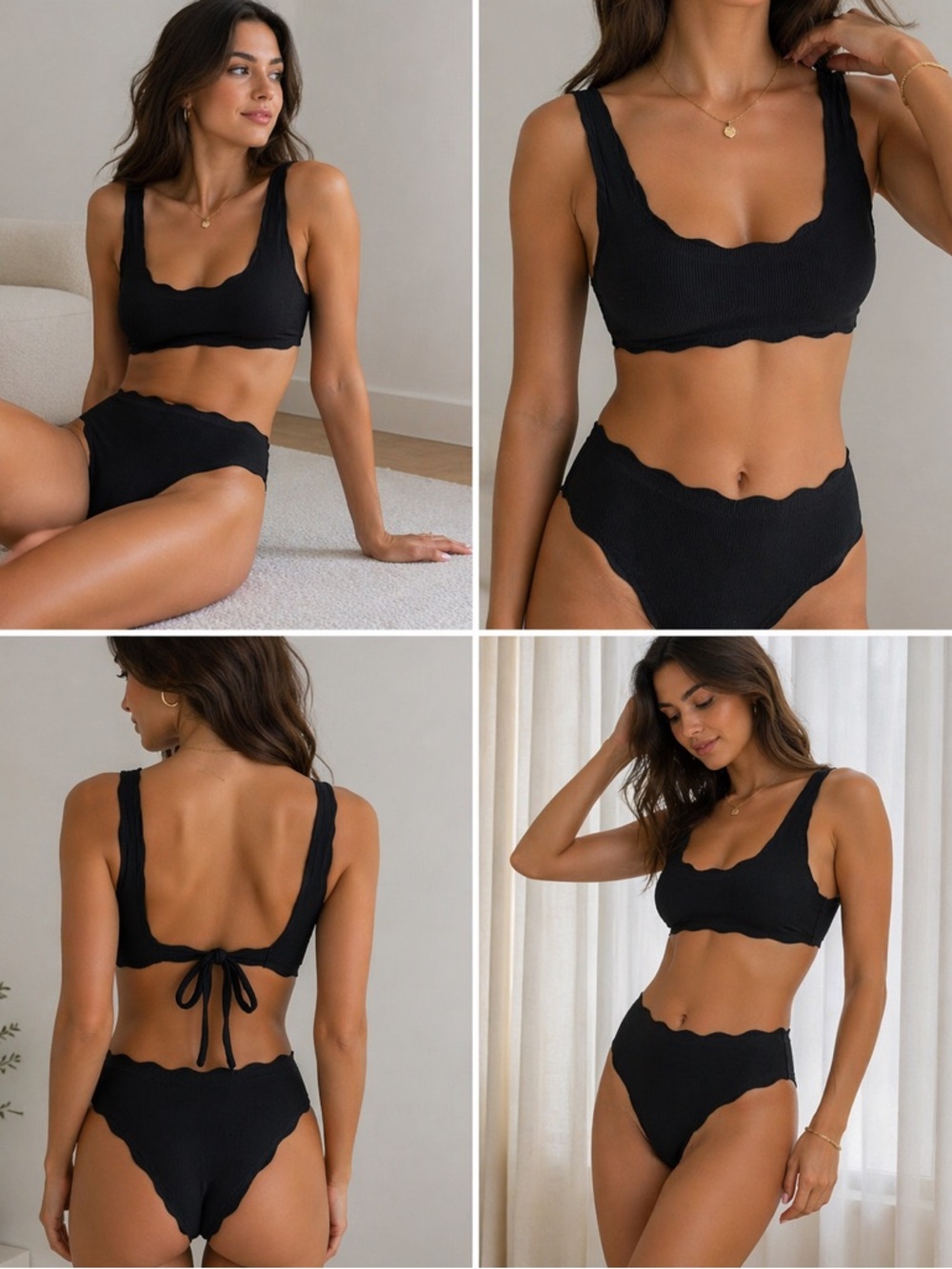 Zaful Black Ribbed Bikini Set Scalloped Trim High Waisted Lace Up Back Size M